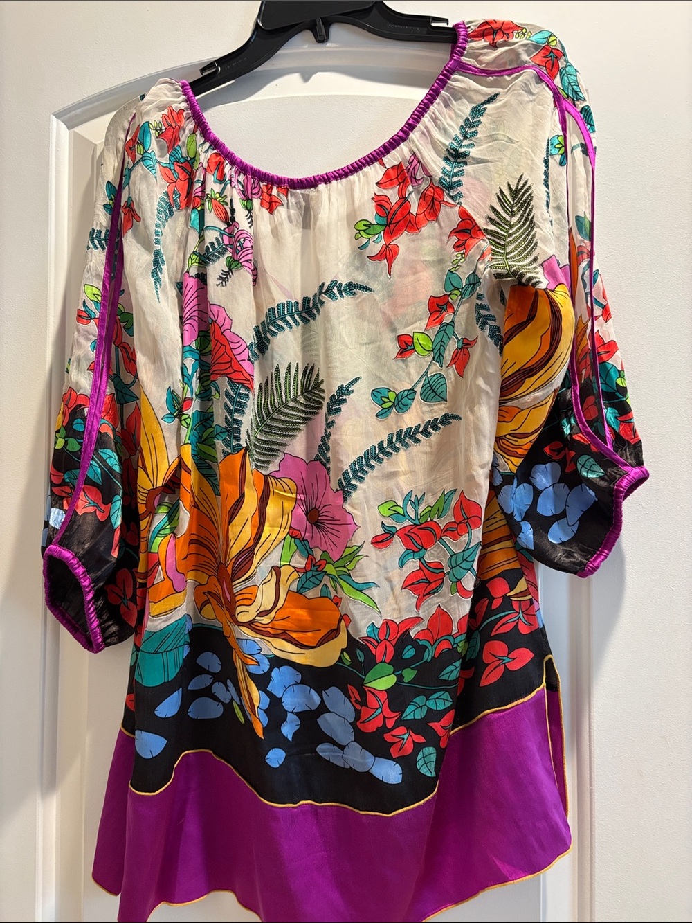 Hale Bob Multicolor Floral Beaded Oversized Peasant Tunic Silk Top Medium - Picture 6 of 7